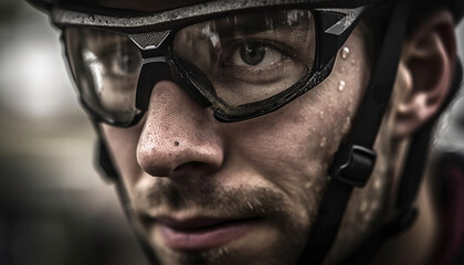 Obraz premium One adult male athlete smiling, wearing protective eyewear outdoors generated by AI