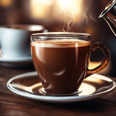 close-up of a professionally made cup of freshly brewed coffee