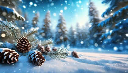 Winter christmas background with snow fir branches cones on forest background.
