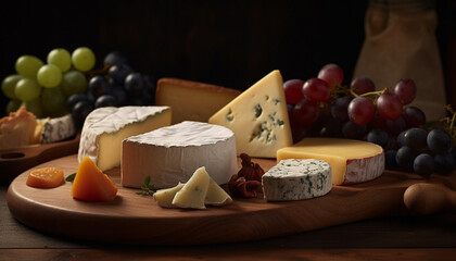 Gourmet cheese tray with French brie, Camembert, and Gouda variations generated by AI