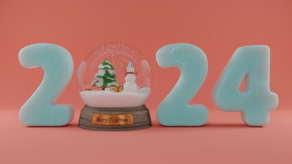 3d rendering of a New Year's 3d illustration. New Year's date 2024 and a crystal snow globe with a Christmas tree and a snowman. Festive Christmas illustration for postcards