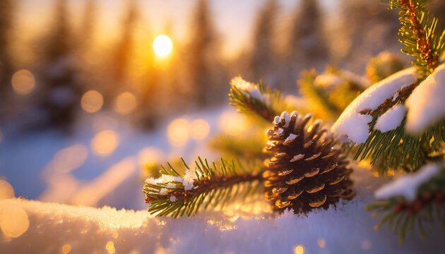 Winter christmas background with snow fir branches cones on forest background.	
