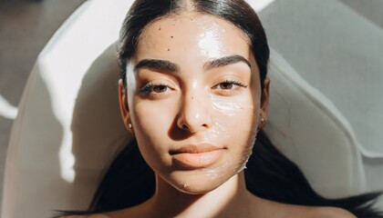Young woman during face peeling procedure in salon