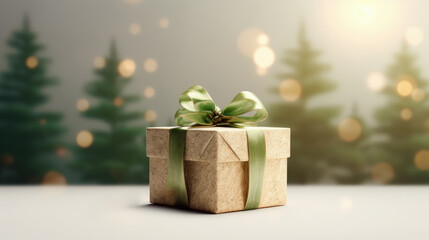 Christmas gift box photo, festive background photo, christmas tree, decoration, Generative AI