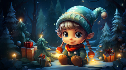 Obraz na płótnie Canvas Cartoon style young, Cute christmas elf in the woods, with presents in festive surroundings