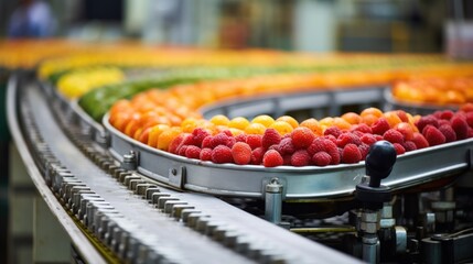 Raspberries and kiwi on conveyor belt in factory