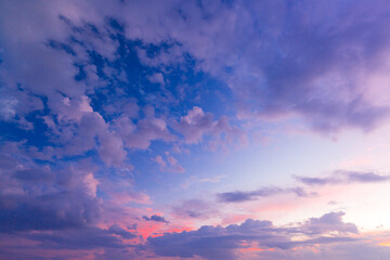morning clouds and sky,Real majestic sunrise sundown sky background with gentle colorful clouds without birds. Panoramic, big size