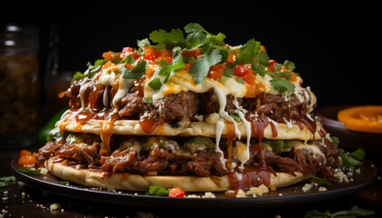 Grilled beef burger with melted cheddar, fresh tomato, and sauce generated by AI