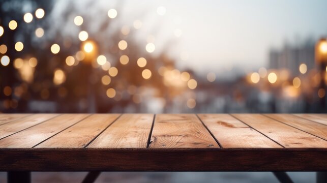 Wooden Table with a Blurred Beach Cafes Background and Bokeh Delight