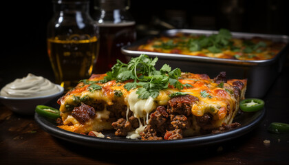 Fototapeta premium Freshly cooked gourmet meal grilled beef with tomato sauce generated by AI