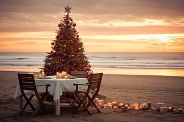 christmas dinner romantic table setting on the beach. AI Generated