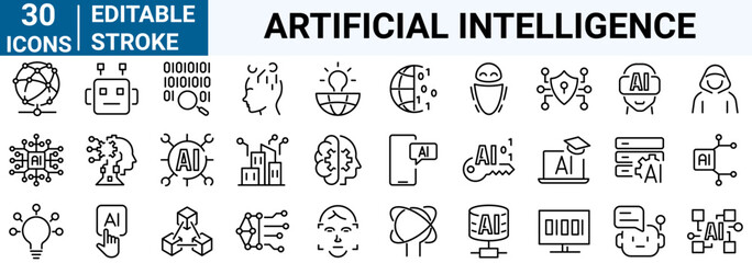Artificial intelligence set of 30 web icons in line style. AI technology icons for web and mobile app. Machine learning, digital AI technology, algorithm, smart robotic and cloud computing network