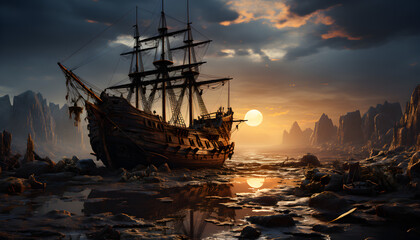 fantasy world, a damaged wooden ship - obrazy, fototapety, plakaty