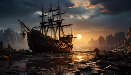 Rolgordijnen fantasy world, a damaged wooden ship © Udayakumar