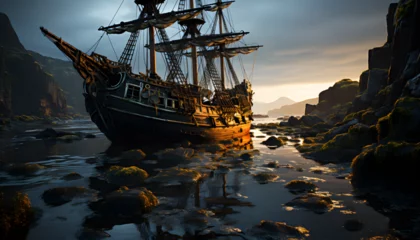 Rolgordijnen fantasy world, a damaged wooden ship © Udayakumar