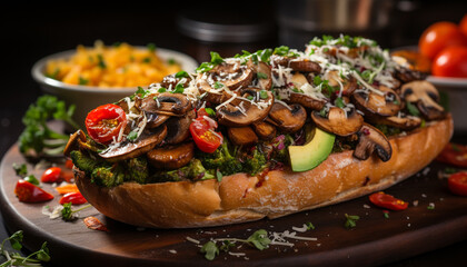 Grilled meat sandwich on ciabatta, with fresh salad and fries generated by AI