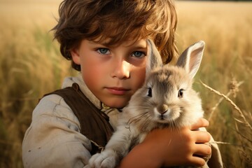 child boy  with rabbit