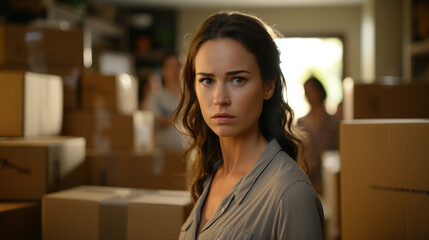 caucasian woman, 30s, indoor in a room surrounded by cardboard boxes, shocked or sad and worried, moving stress and moving boxes, fictional reason and location