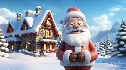 Happy santa clause 3d cartoon standing in front of house with snow field. Generative ai.