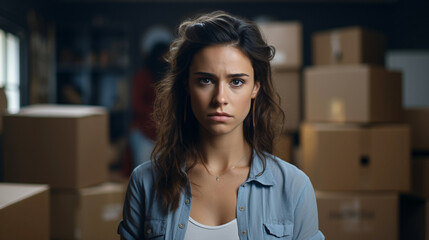 caucasian woman, 30s, indoor in a room surrounded by cardboard boxes, shocked or sad and worried, moving stress and moving boxes, fictional reason and location