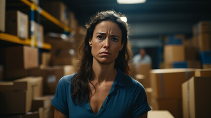 caucasian woman, 30s, indoor in a room surrounded by cardboard boxes, shocked or sad and worried, moving stress and moving boxes, fictional reason and location