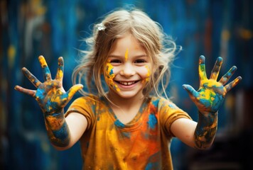happy girl with colorfully painted ahnds concept of creative play, fun, Montessori education