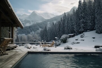hot pool outside winter modern cabin in the mountains