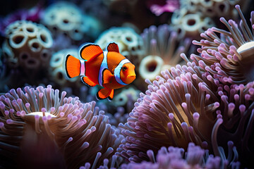 Fototapeta na wymiar close up of an anemone in the deep sea with clown fishes