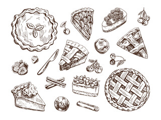 Hand-drawn vintage set of traditional cakes, tarts and pies sketch. Sweet bakery. Top view. Vector collection of ink baking illustration. Food for Thanksgiving, Christmas. © Mariia Mazaeva