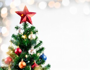 Fototapeta na wymiar Isolated top of Christmas tree with ornaments, an bright star on top the spurce tree, with empty area for copy space