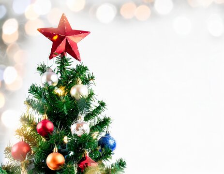 Isolated top of Christmas tree with ornaments, an bright star on top the spurce tree, with empty area for copy space