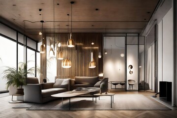Interior design lamps, living room space with walls and details. modern architecture and design