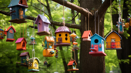 colorful bird house in a park, colorful birds in a garden