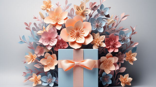 Papercut art of giftbox,giftbox on white background,pastel color. Generative ai.