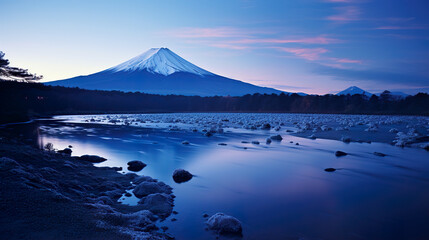Fototapeta premium A Large Mountain Reflected in a Lake. Generative Ai