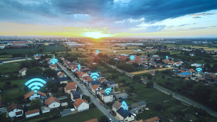 Fototapeta na wymiar Aerial view of Smart Homes Connected to Wi-Fi and 5G Internet network. Graphic