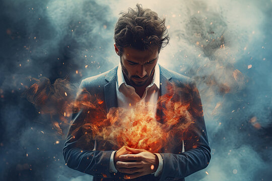 Businessman suffering from heart attack. Dauble expossure. Stressed man