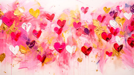 Abstract art painting filled with hearts in various shades of pink, red, and gold, symbolizing love and the passion of Valentine's Day, blending chaos and harmony