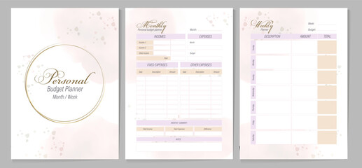 Cover and inside pages for personal budget planner. Delicate watercolor spots on white create an elegant look for the glider. Vector template for diaries, plans, checklists, notepads.