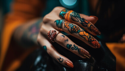 Vibrant henna tattoo on young woman hand showcases indigenous culture generated by AI