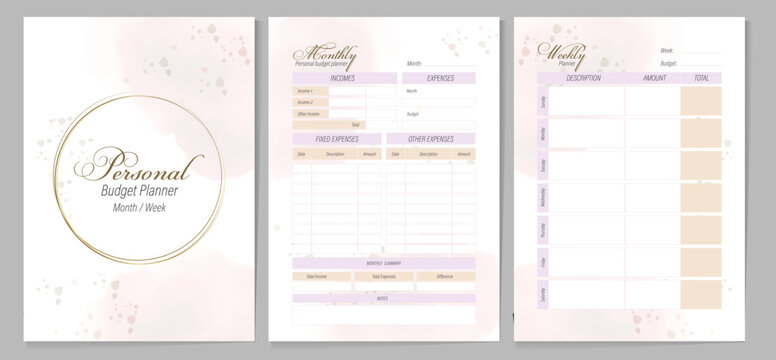 Cover and inside pages for personal budget planner. Delicate watercolor spots on white create an elegant look for the glider. Vector template for diaries, plans, checklists, notepads.