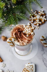 Christmas Drink, Hot Chocolate with Whipped Cream and Gingerbread Cookies