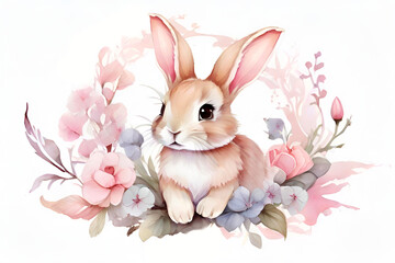 Obraz premium Cutie rabbit surrounded by flowers. Watercolor illustration on a white background.