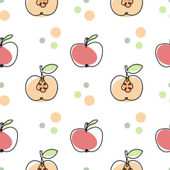 Seamless pattern, contour apples with colored spots on a white background. Pastel colors. Minimal modern design. Fruit background, vector