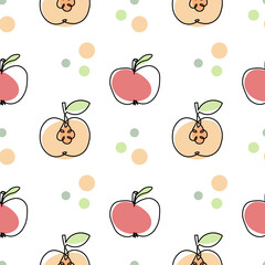 Seamless pattern, contour apples with colored spots on a white background. Pastel colors. Minimal modern design. Fruit background, vector