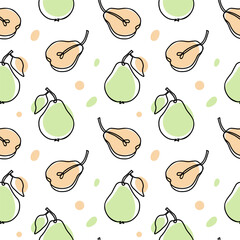 Seamless pattern, contour pears with colored spots on a white background. Pastel colors. Minimal modern design. Fruit background, vector