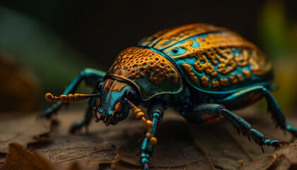Naklejka premium Small weevil crawling on green leaf, macro focus on foreground generated by AI