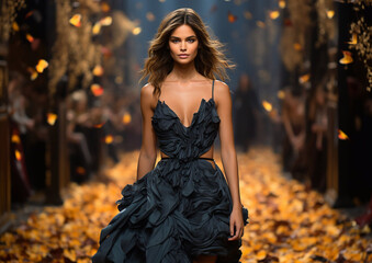 Fashion week show model walking through catwalk and wearing black designer dress.Macro.AI Generative.