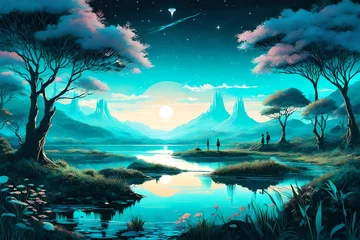 Poster anime artwork Surrealist art landscape of a Cyan [Lilongwe:Wetlands:5], flora, Stars in the sky, side lit, dark black neon hue, contest winner . Dreamlike, mysterious, , symbolic, intricate, detailed  © MISHAL