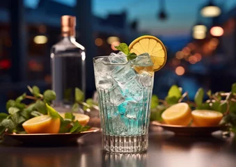 Foto auf Alu-Dibond Glass with blue alcohol cocktail with orange slice and bottle on restaurant table.Macro.AI Generative. © DenisMArt